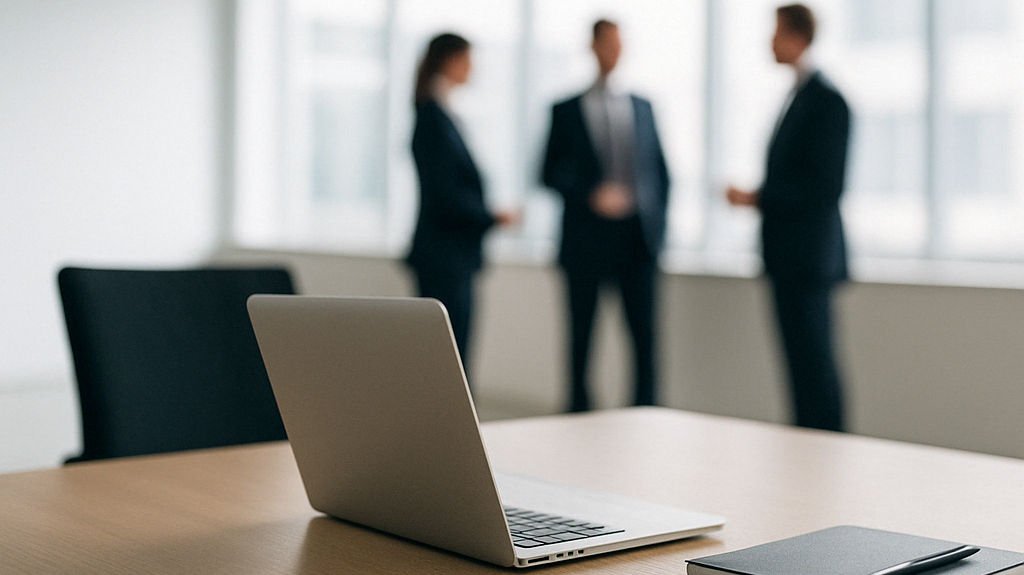 Moderner Arbeitsplatz mit unscharfen Personen im Hintergrund